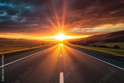 View of asphalt road with beautiful sunset in the evening. generative ai