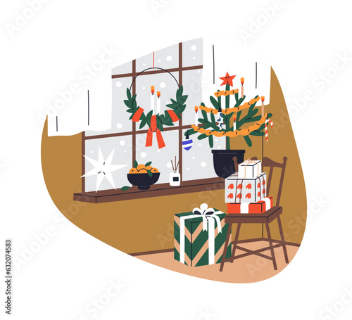 Christmas home decorations, gifts, Xmas fir tree, wreath on window. Cozy holi...