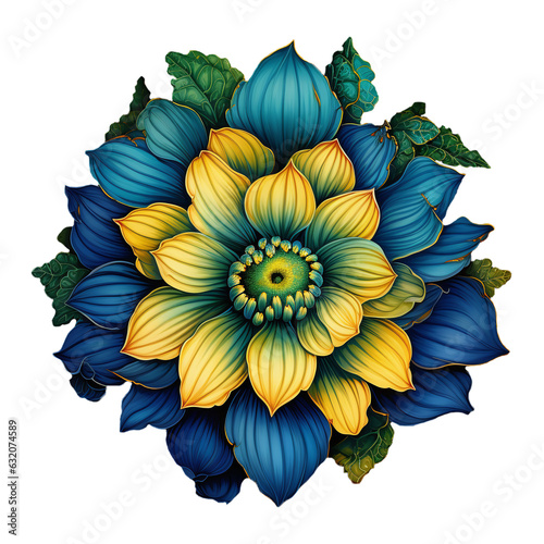 Flower in blue and yellow colors. Transparent background. Generative AI.