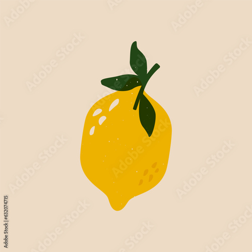 Lemon fruit risograph style. Cartoon abstract natural lemon sketch with leaf linocut print effect. Vector illustration