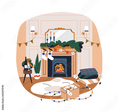 Christmas home, living room with socks on fireplace, candles, holiday decoration. Fire place, Xmas ornaments, winter festive decor. Flat graphic vector illustration isolated on white background
