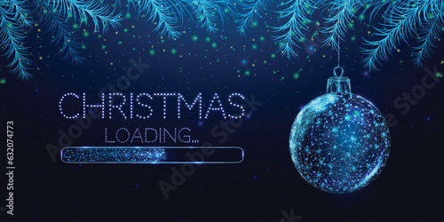 Wireframe Christmas ball and loading bar, low poly style. Merry Christmas and New Year banner. Abstract modern 3d vector illustration on blue background