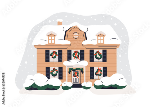 House exterior in winter. Home building facade with Christmas decorations, Xm...