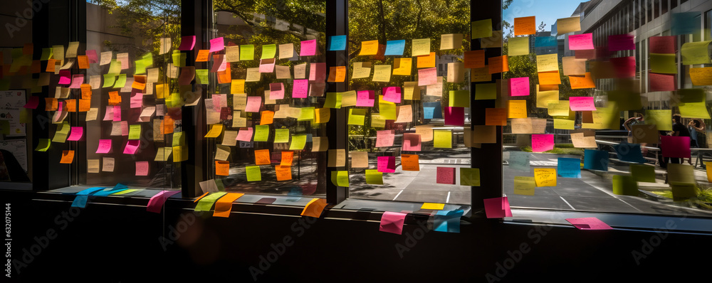 Innovative, sunlit brainstorming session with yellow post-it notes full of ideas on a transparent glass wall in a bright creative workspace. Generative AI