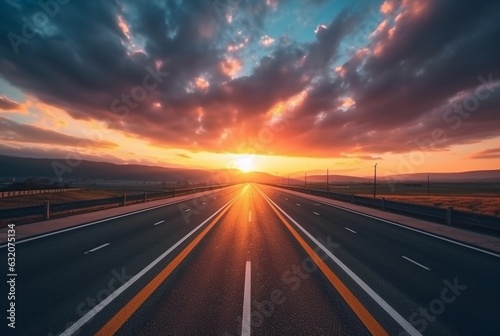 View of asphalt road with beautiful sunset in the evening. generative ai