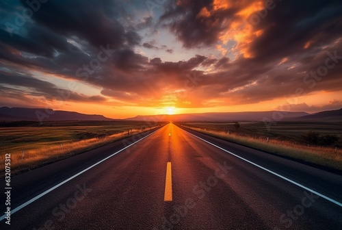 View of asphalt road with beautiful sunset in the evening. generative ai © LivroomStudio
