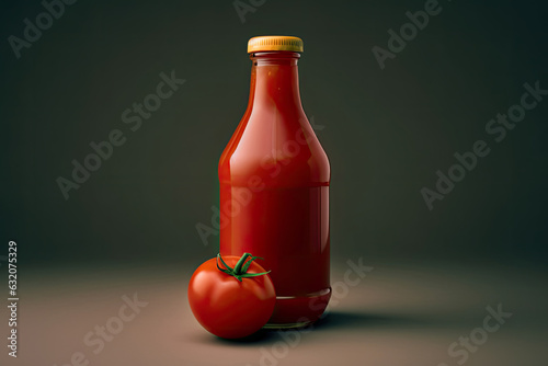 The Tomato Sauce and Tomato: A Tall Bottle of Tomato Sauce with a Gold Cap and a Red Tomato with a Green Stem on a Gray Gradient Background