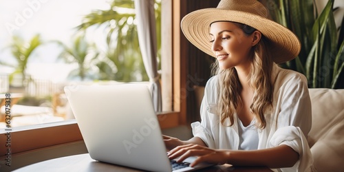 Happy young woman planning vacation trip with laptop, reading travel blog online.