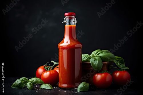 A glass bottle of tomato sauce with a red cap, on a wooden surface with basil and cherry tomatoes on a black background.