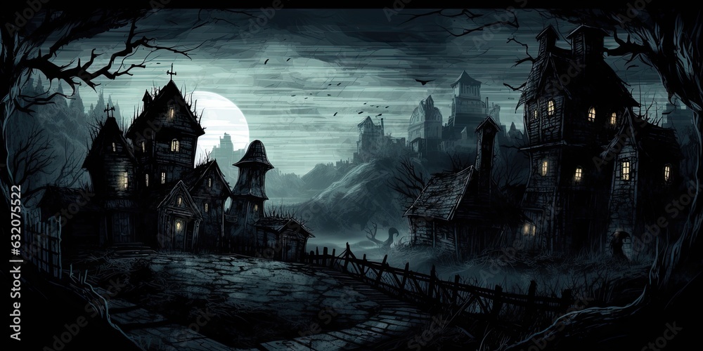 Spooky village on a cliff under a full moon