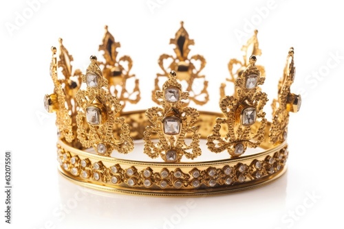 A gold crown with diamonds on a white background with high detail and ornamentation
