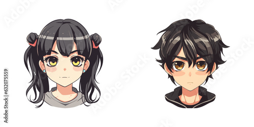 Young cute anime style man and woman faces. Cartoon vector illustration.