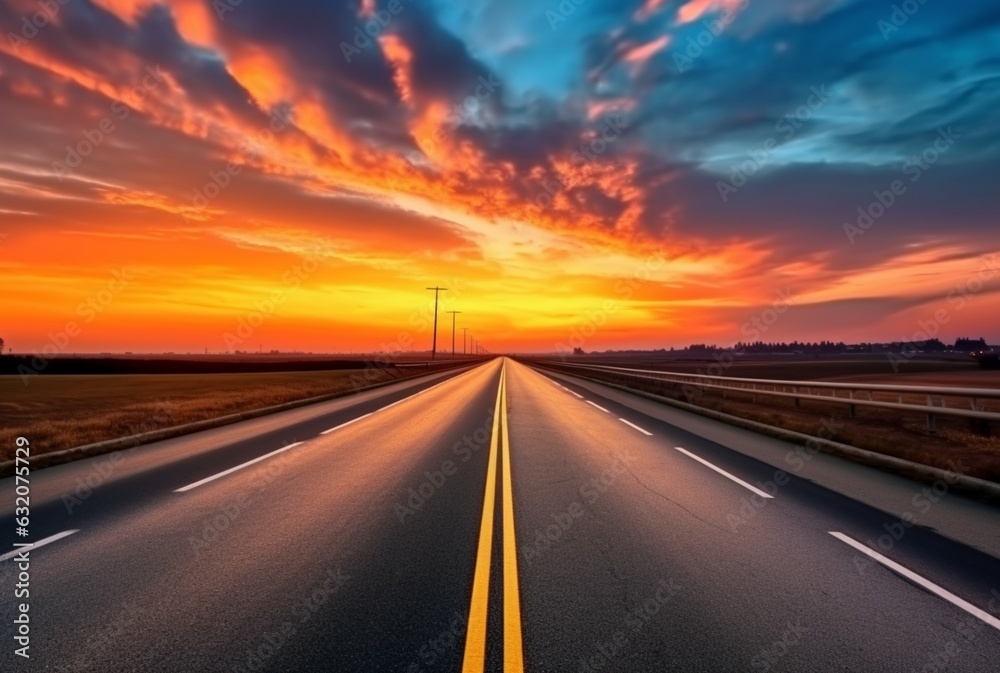 Naklejka premium View of asphalt road with beautiful sunset in the evening. generative ai