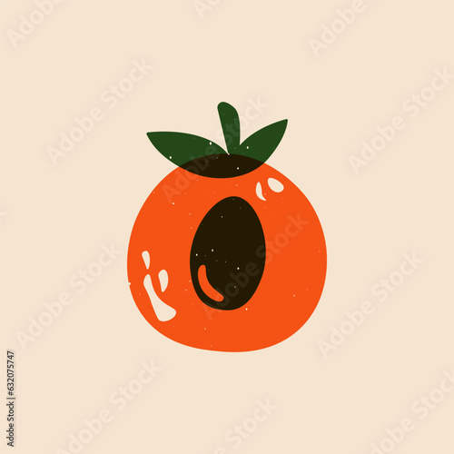 Juicy fruit sketch risograph. Abstract natural peach apricot nectarine slice linocut print effect. Vector illustration
