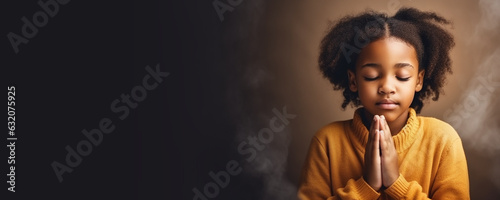 A young girl of African ethnicity praying. Christian religious prayer and devotion banner with copy space. Generative AI illustration