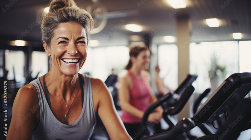 Fototapeta premium middle aged woman doing a spinning class at a gym. aged woman working out exercising on a treadmill in a gym. mood fun
