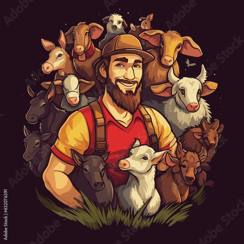 A happy farmer with a group of domestic animals. A healthy lifestyle, agriculture, farm concept. Cartoon vector illustration.