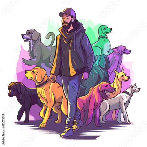 Smiling professional dog walker with dogs on leash on a walk in the city. Dog Walking Service. Cartoon vector illustration