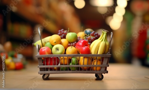 Miniature shopping cart with wheels filled with fresh fruits on wooden table with blurred background in supermarket. generative ai