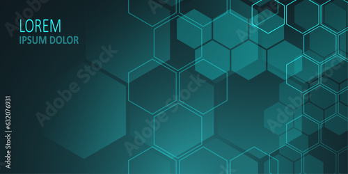Geometric themed screen illustration design, hexagonal design. Dark background with hexagons. Futuristic technology. Vector illustration.