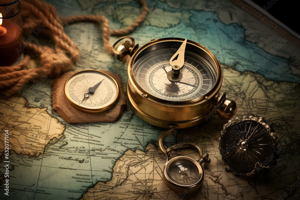 Vintage Travel: Old Map with Compass and Binoculars. Generative AI