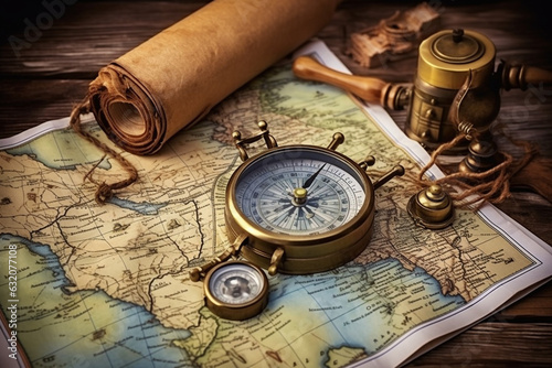 Vintage Travel: Old Map with Compass and Binoculars. Generative AI