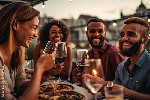 Group of friends having dinner together clinking glasses with red wine and smiling. ai generative