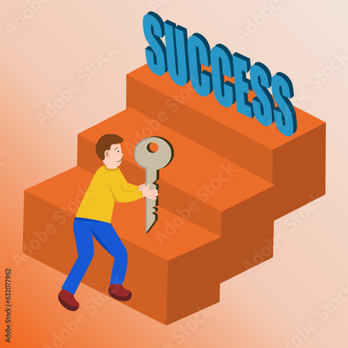 Flat cartoon, business man with key and letter success. Concept There are no successful recipes except in the effort.