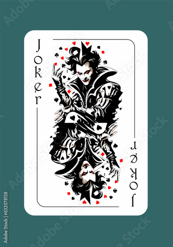 Joker playing card. Original design. Medieval jester. Vector illustration