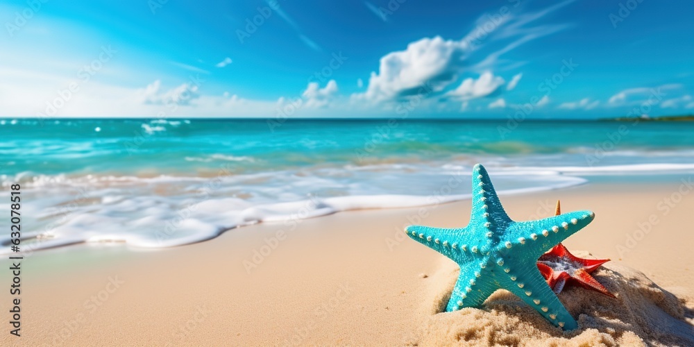 Starfish on the beach at the edge of the blue water on a sunny day, American flag. - obrazy, fototapety, plakaty 