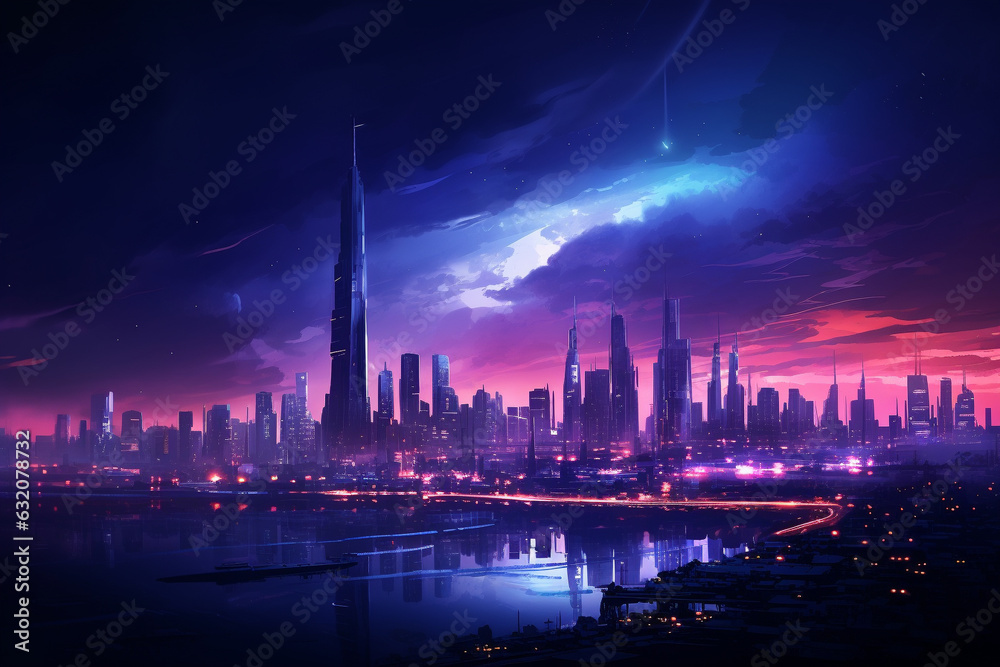 Fototapeta premium Cyberpunk Technology: Futuristic City Skyline with Neon Lights. Generative AI