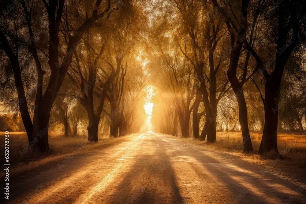Sunset road trees. Generate Ai