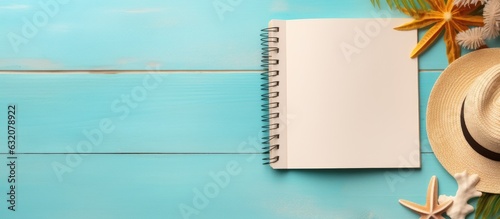 A writing book with summer beach accessories on a background, with empty space for writing. The photo is taken from above, and room for notes or messages."
