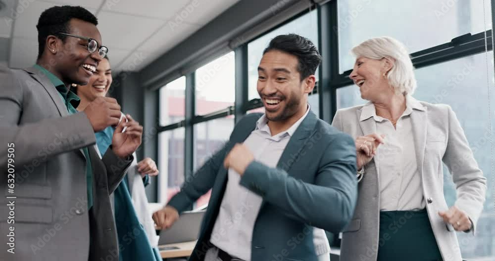 Business people, dance and staff with celebration, winning and excited with goals, project and success. Group, men and women with diversity, energy and happiness with team building and motivation