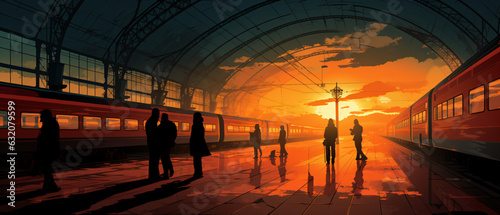 Art railway station with silhouette people