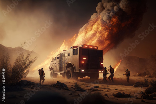 Rescue vehicles in action during a fire in the desert.
