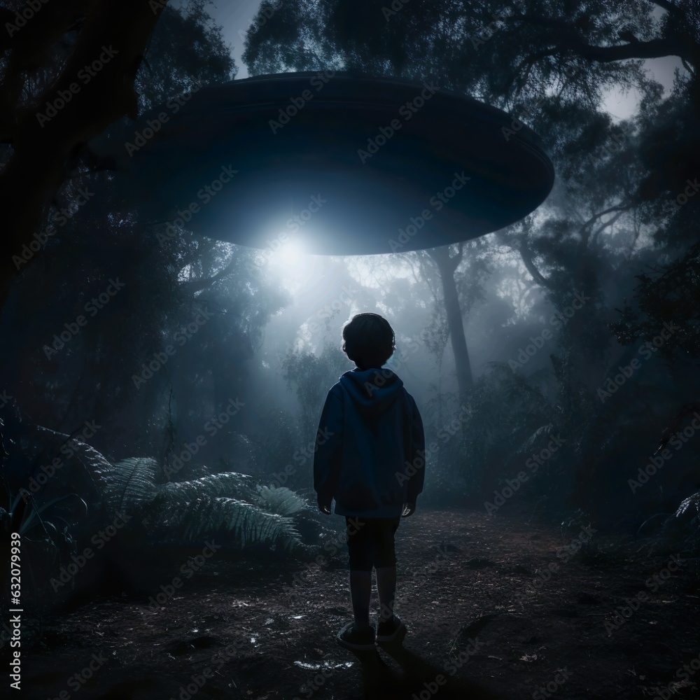 Obraz premium Boy seeing a UFO in the forest