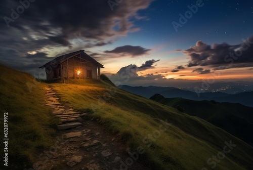 View of the hut on the hill, long exposure. generative ai