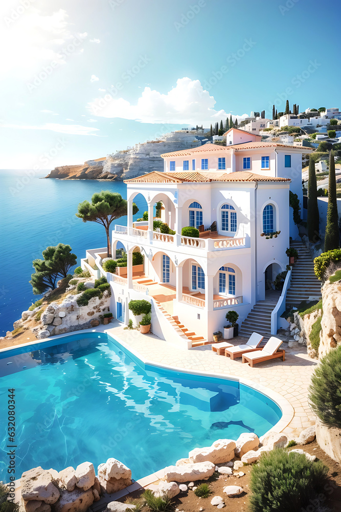 Traditional Mediterranean white house with pool 