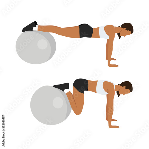 Woman doing swiss or stability ball jackknife exercise. Flat vector illustration isolated on white background