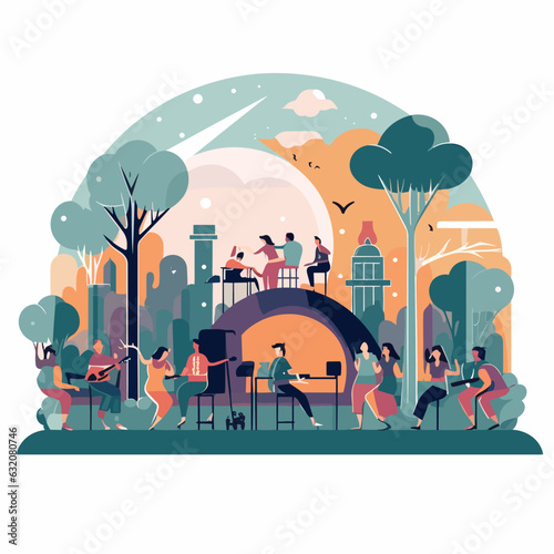 Music summer festival. Party in the park. Cartoon vector illustration.