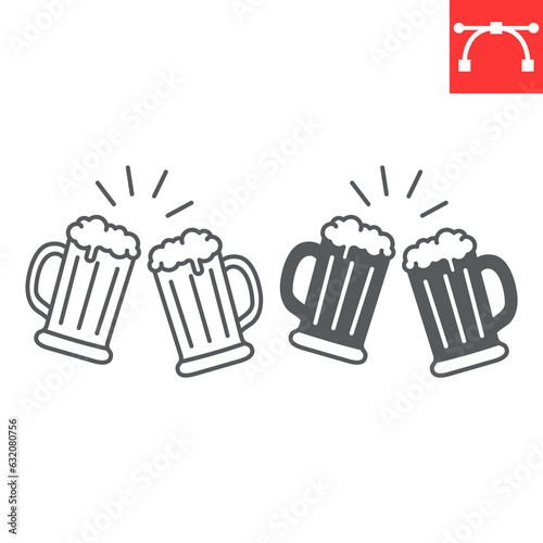 Beer cheers line and glyph icon, oktoberfest and celebration, toast vector icon, beer splash vector graphics, editable stroke outline sign, eps 10.