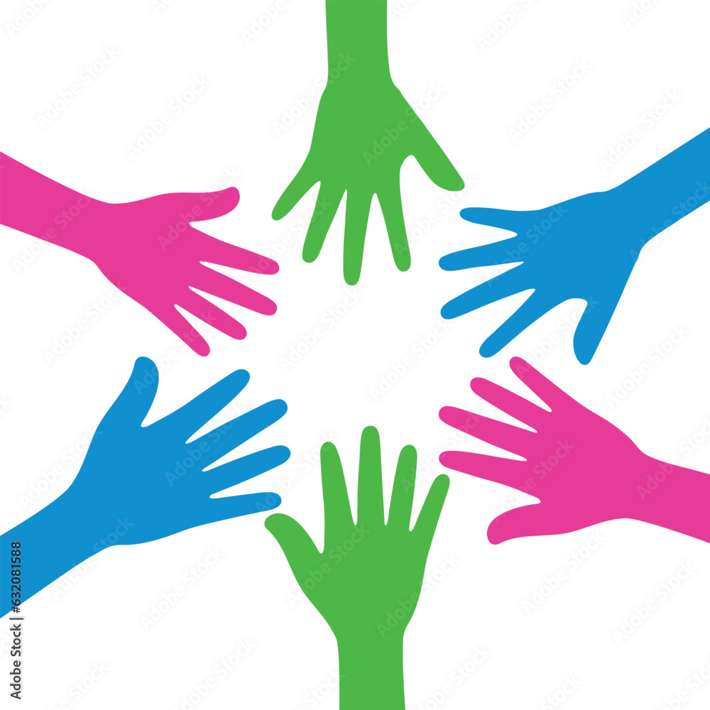 Silhouette of pink, green, and blue colored hands as the colors of the polysexual flag. Flat vector illustration.	