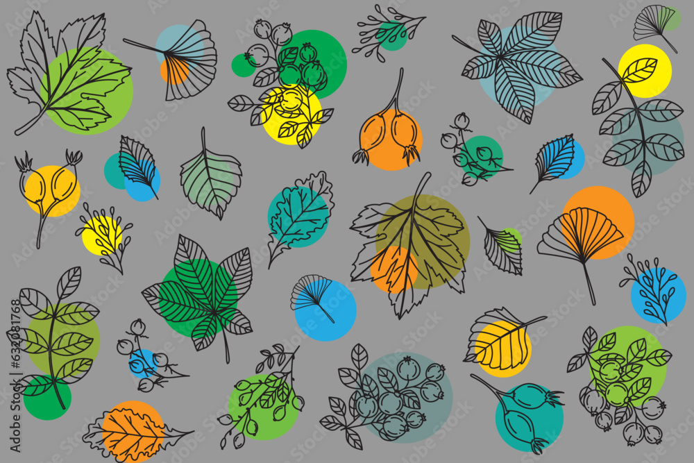 Illustration Pattern of the leaves with circle corcle on gray background. Illustration Pattern of the leaves with circle corcle on gray background.
