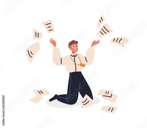 Angry frustrated employee throwing business papers. Mad irritated office worker and falling documents. Annoyed stressed man in anger. Flat graphic vector illustration isolated on white background