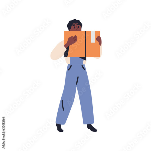 Courier carrying cardboard box in hand. Warehouse and delivery worker, black man delivering order in package, goods. Postman with big parcel. Flat vector illustration isolated on white background