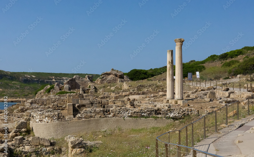 Two temple columns in Tharros Sardinia, with blue sky and ancient ruins