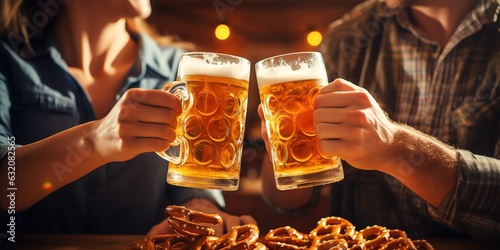 Mugs with beer and a pretzel on a wood background. Oktoberfest concept