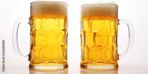Two glass beer mugs full of golden drink on a white background. photo