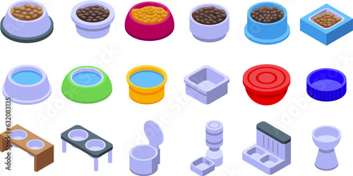 Food Bowl icons set isometric vector. Pet dry. Supply canine